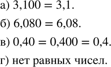 Изображение 142 Есть ли среди данных чисел равные? Если есть, укажите их:а) 3,001; 3,010; 3,100; 3,1;б) 6,800; 6,080; 6,880; 6,08;в) 0,4; 0,40; 0,004; 0,400;г) 1,05; 1,0505;...