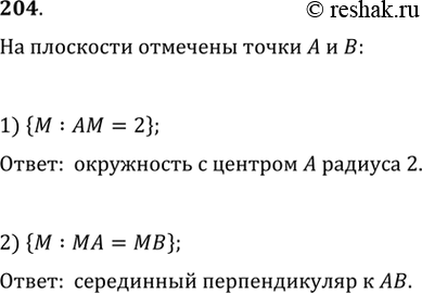 Изображение 204. На плоскости отмечены точки А и В. Охарактеризовать множество точек М на плоскости, таких, что:1) {М : AM = 2};	2) {М : МА =...