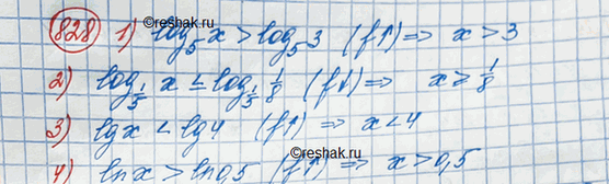 Изображение Решить неравенство (828—829).828.1) логарифм х по основанию 5 > логарифм 3 по основанию 5 2) логарифм х по основанию 1/5  натуральный логарифм...