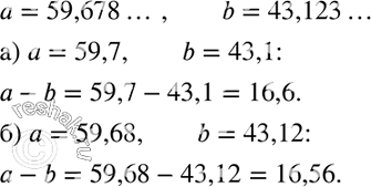 Изображение 289 Найдите приближённое значение выражения а-b, где а = 59,678... и 5 = 43,123..., округлив предварительно а и 5:а) до десятых; б) до...
