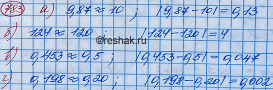 Изображение 783. Найдите абсолютную погрешность приближённого значения, полученного в результате округления:а) числа 9,87 до единиц;	б) числа 124 до десятков; в) числа 0,453...