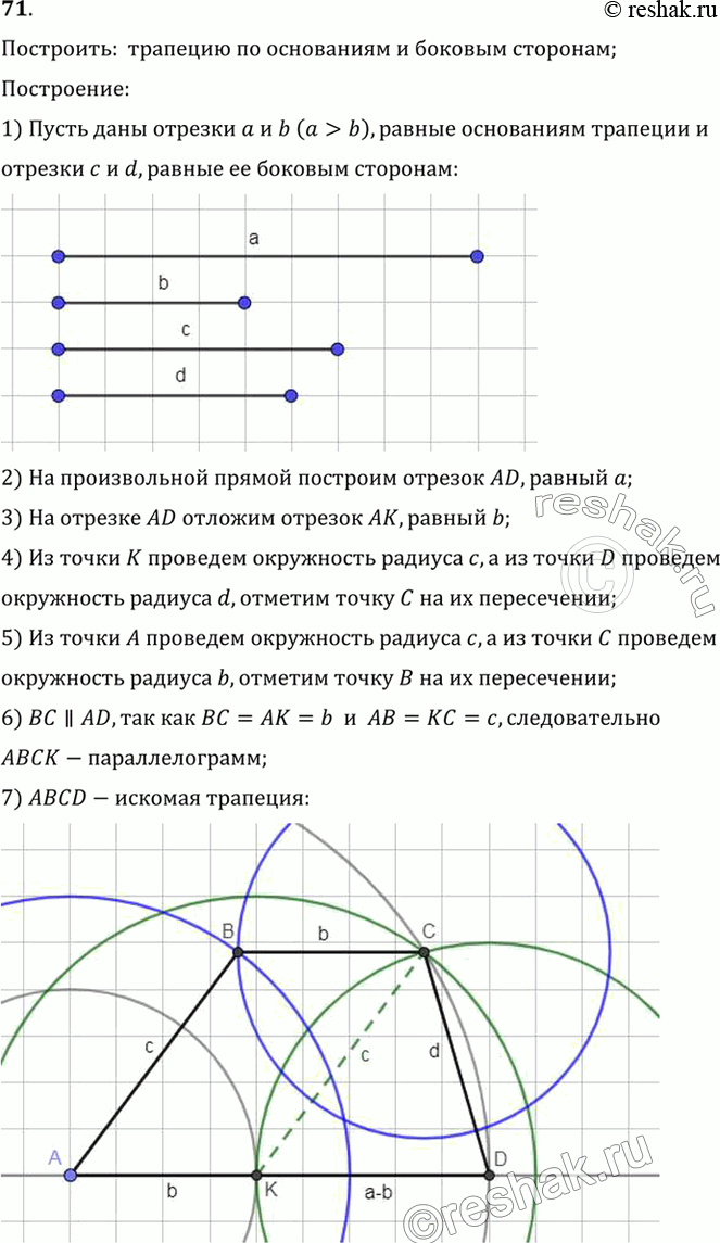 Изображение 71. Постройте трапецию по основаниям и боковым сторонам.Построить:  трапецию по основаниям и боковым сторонам;Построение:1) Пусть даны отрезки a и b (a>b),...