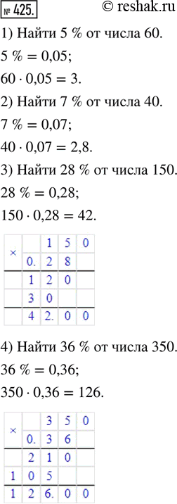 Изображение 425. Найти:1) 5 % от числа 60;     2) 7 % от числа 40;     3) 28 % от числа 150;4) 36 % от числа 350;   5) 130 % от числа 75;   6) 160 % от числа...