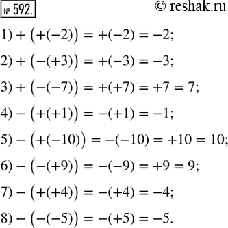 Изображение 592. Упростить выражение:1) +(+(-2));    2) +(-(+3));   3) +(-(-7));   4) -(+(+1));5) -(+(-10));   6) -(-(+9));   7) -(+(+4));   8)...
