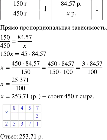 Изображение 3.75. На ценнике указана стоимость 150 г сыра — 84,57 р. Чему равна стоимость 450 г этого же сыра?Решим задачу при помощи уравнения.Стоимость 150 г сыра составляет...