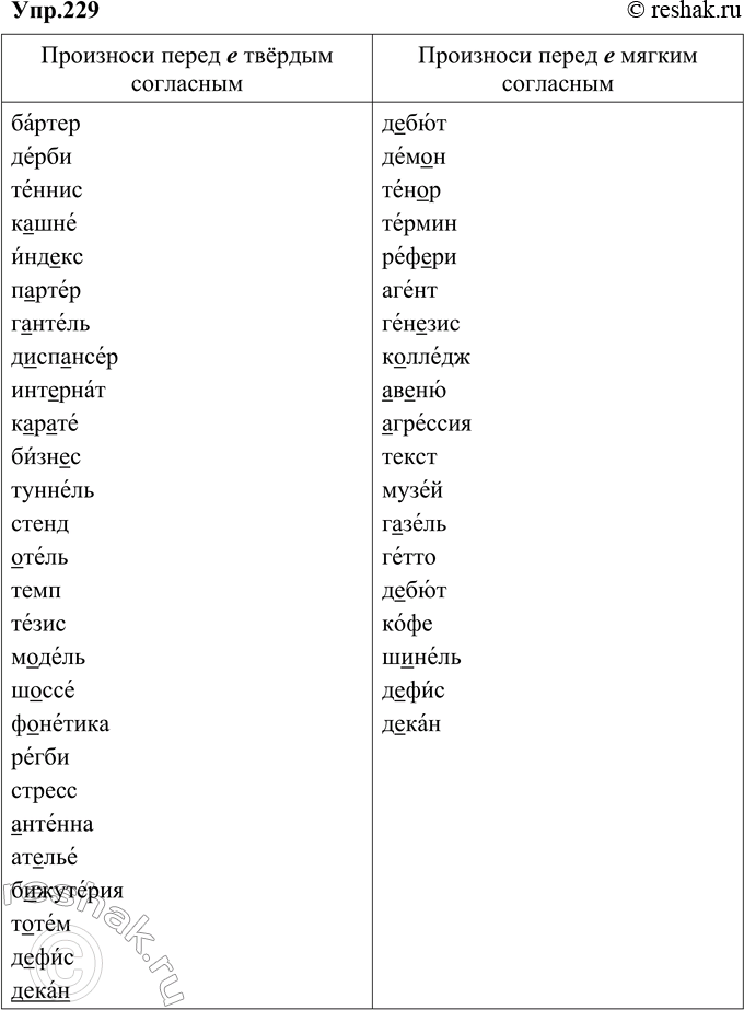 Изображение 229. Выберите для каждой колонки слева один из следующих заголовков: «Произноси перед е твёрдый согласный», «Произноси перед е мягкий согласный». Распределите по...